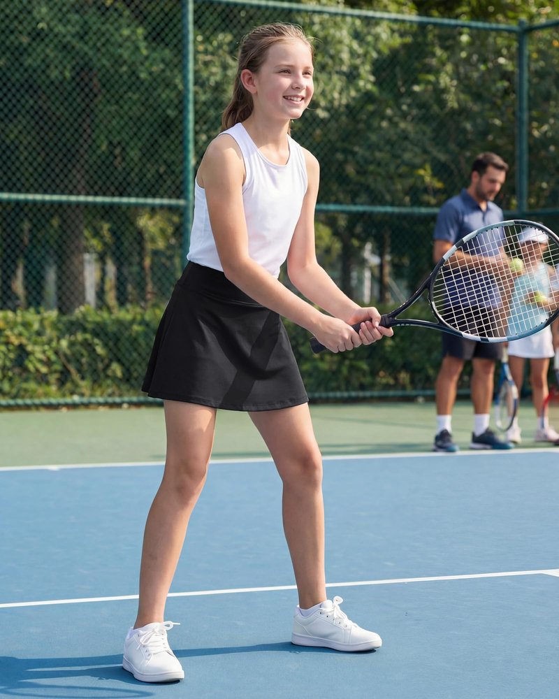 Stelle Girls Tennis Skirts Golf Athletic Skorts Elastic Waist Ruffle Skirt with Pockets 4-15 Years Black M