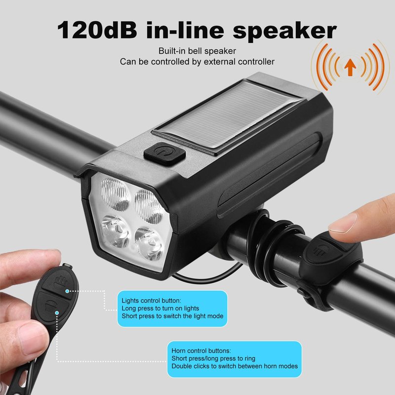300 Lumens 8 Modes + Solar Energy Rechargeable Bike Lights for Night Riding | USB Rechargeable Front & Rear Bicycle Lights with 120dB Horn for Road | Waterproof LED Bike Headlight for Mountains