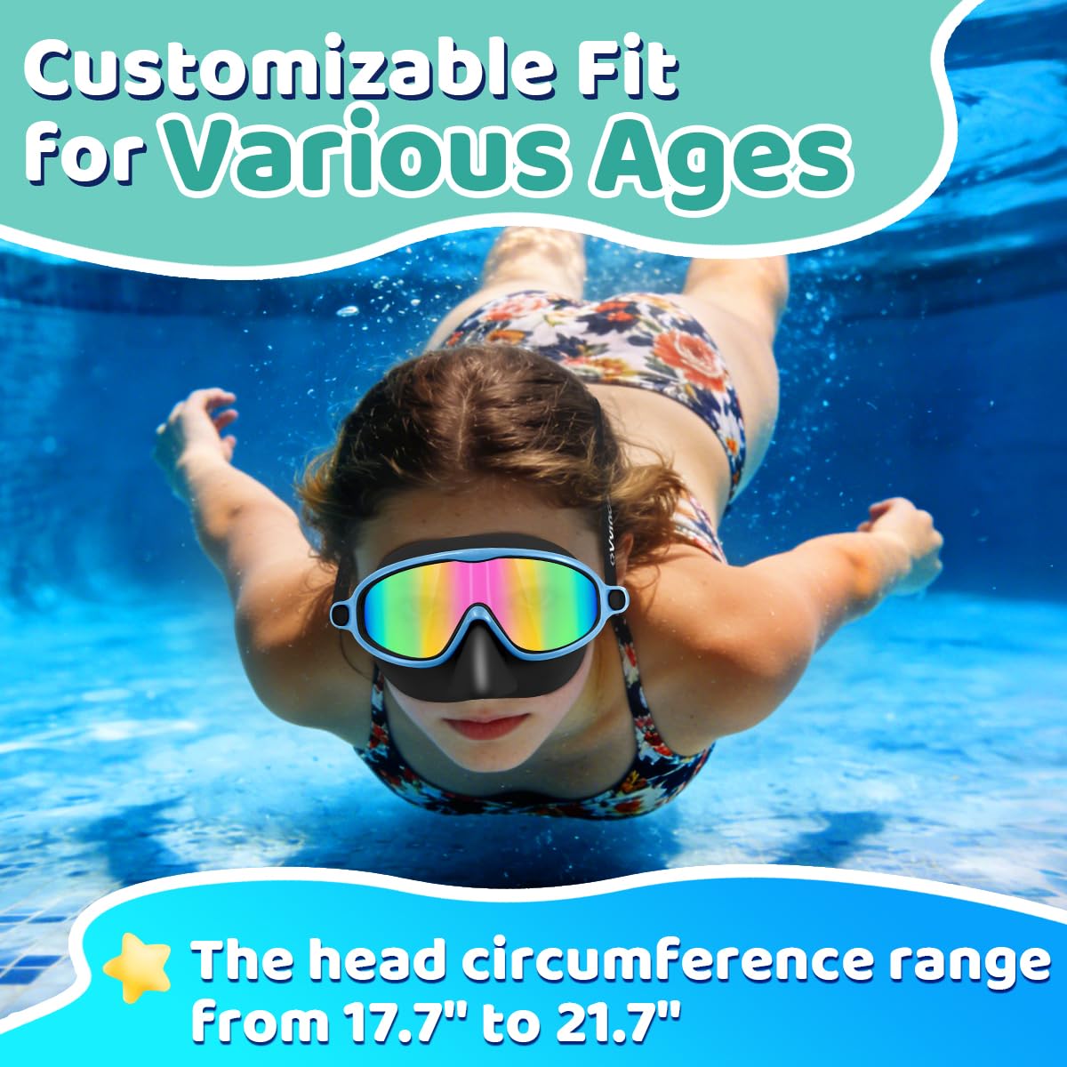 Vvinca Kids Swim Goggles with Nose Cover 2 Pack, Anti-Fog Waterproof Swimming Glasses for Boys Girls Age 12-15, Wide View Silicone Scuba Mask for Toddler Pool Beach Water Play
