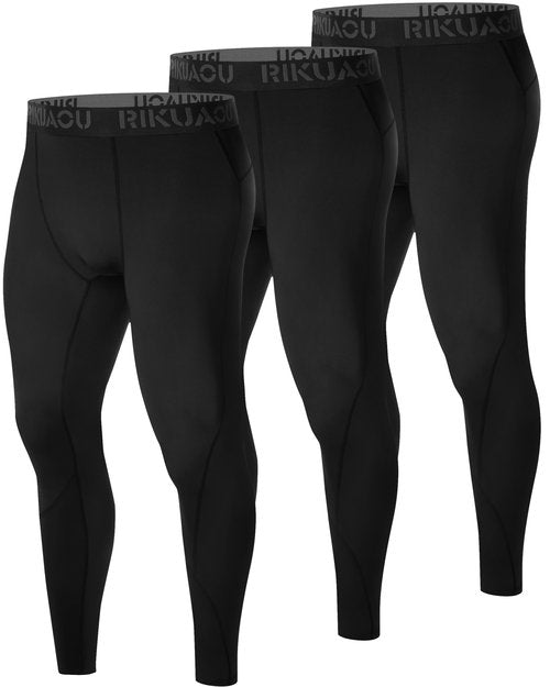 RIKUAOU 3 Pack Men's Compression Pants, Athletic Leggings Base Layer, Cool Dry Workout Tights for Running Sports Gym Black/Black/Black