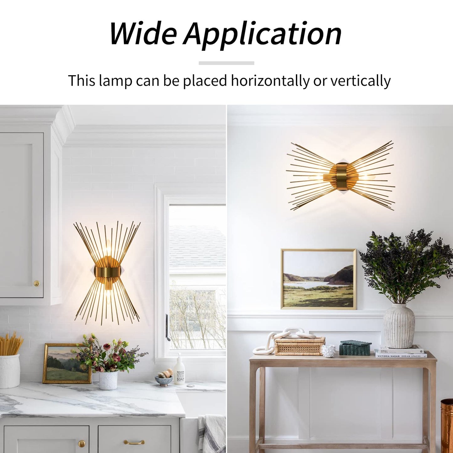 2-Light Bathroom Vanity Light, Mid-Century Modern Starburst Gold Wall Sconce, Bedside Electroplate Brass Wall Light Fixture, Wall Lamp for Powder Room Bedroom Bathroom Hallway Entryway, Set of Two