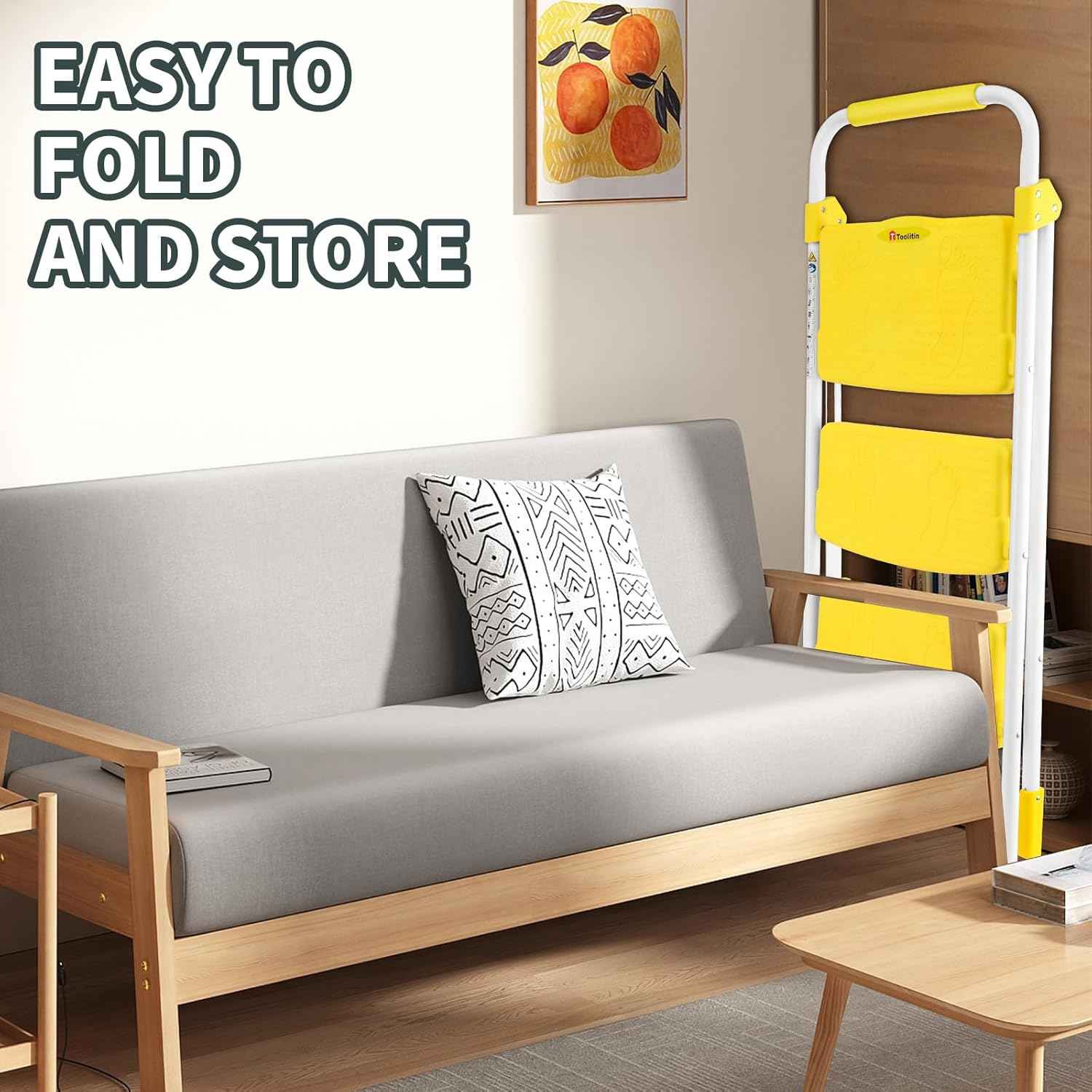 Portable 3-Step Folding Ladder - Sturdy Steel Step Stool with Anti-Slip Pedal & Handgrip, 500lbs Capacity for Home & Office