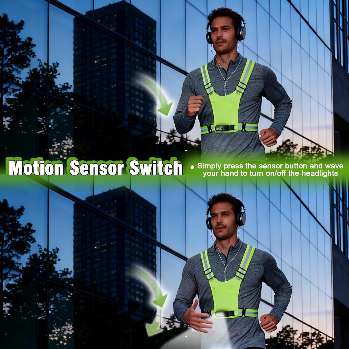 Skiennix Reflective Running Vest - 3-Mode Motion Sensor Lights | 360° Visibility & Storage Pocket (Green)
