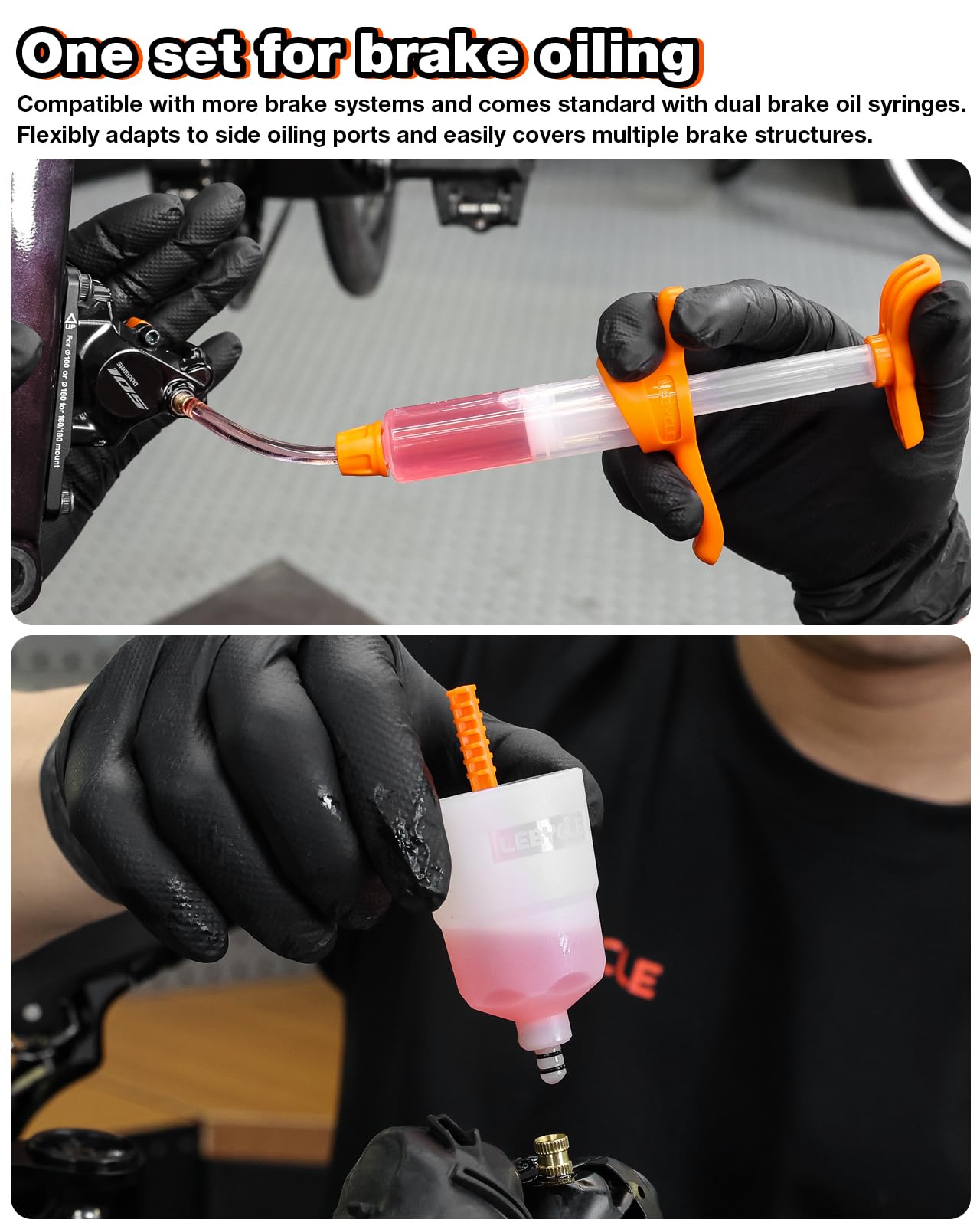 LEBYCLE Brake Bleed Kit for Shimano, TEKTRO, TRP Hydraulic Disc Brakes, Bike Brake Bleed Kit with 150ml Mineral Oil, 10 Brass Connectors, Visual Oil Cup & Storage Base