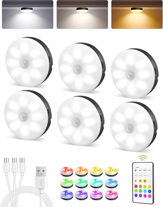 Rechargeable Under Cabinet Puck Lights with Remote - Dimmable RGB & 3 Color Temps (6 Pack)