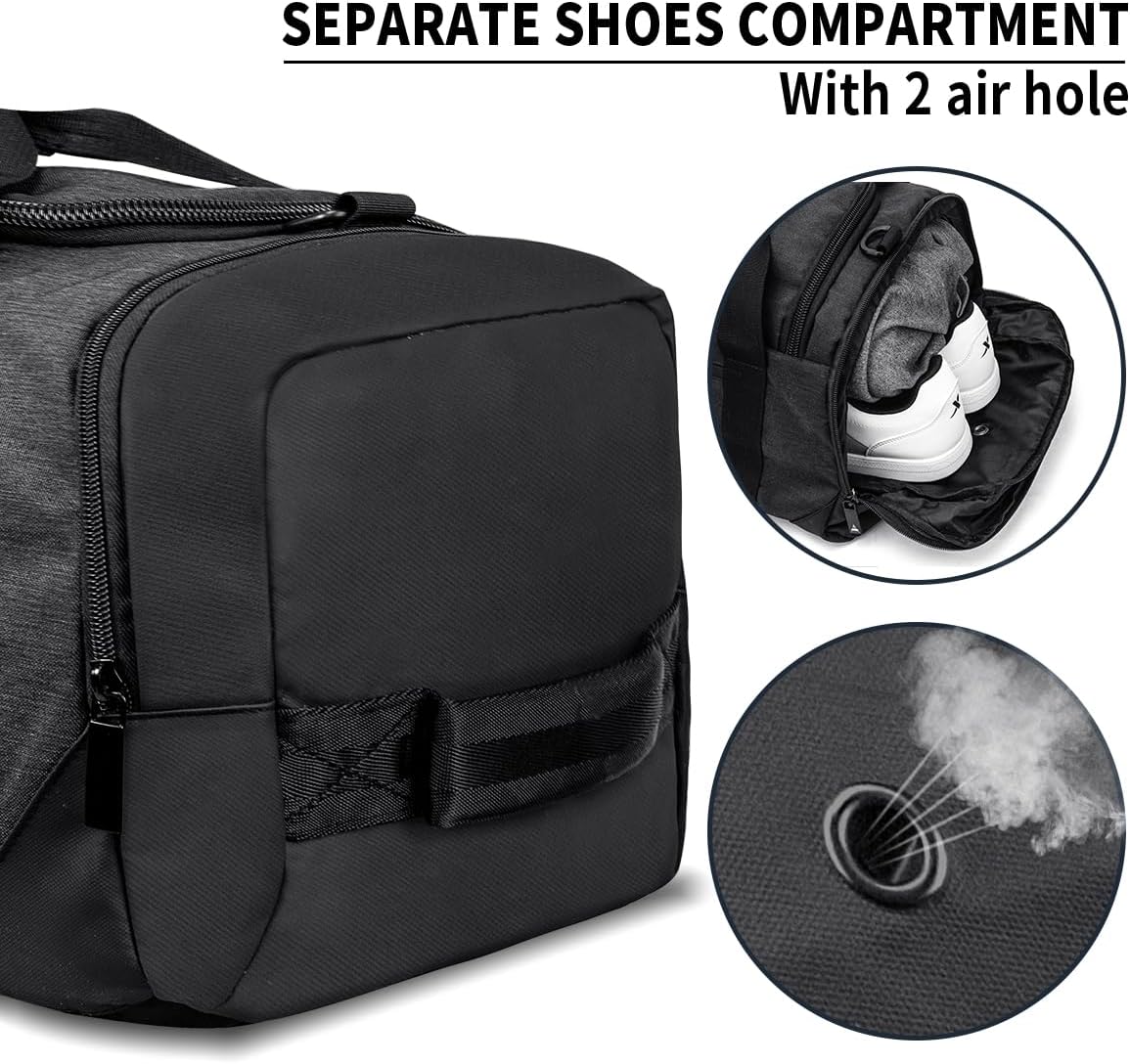 Skiennix Gym Duffle Bag - Waterproof Sports Duffel with Shoe Compartment | Black Travel Weekender for Men & Women