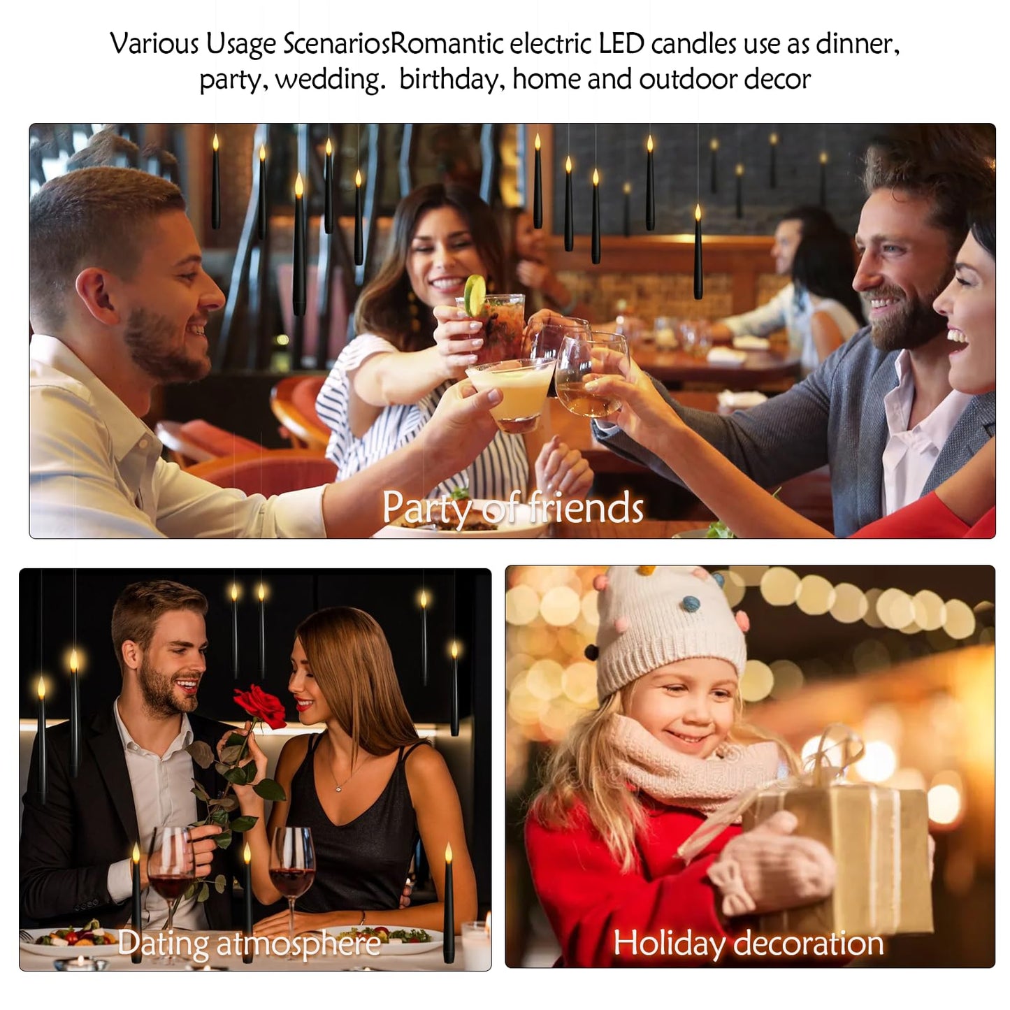 kakoya Flameless Floating Candles with Wand，12 Pcs Magic LED Hanging Taper Candles，Flickering Battery Operated Taper Candle with Wand Remote for Halloween Decorations Best Gift（Black）