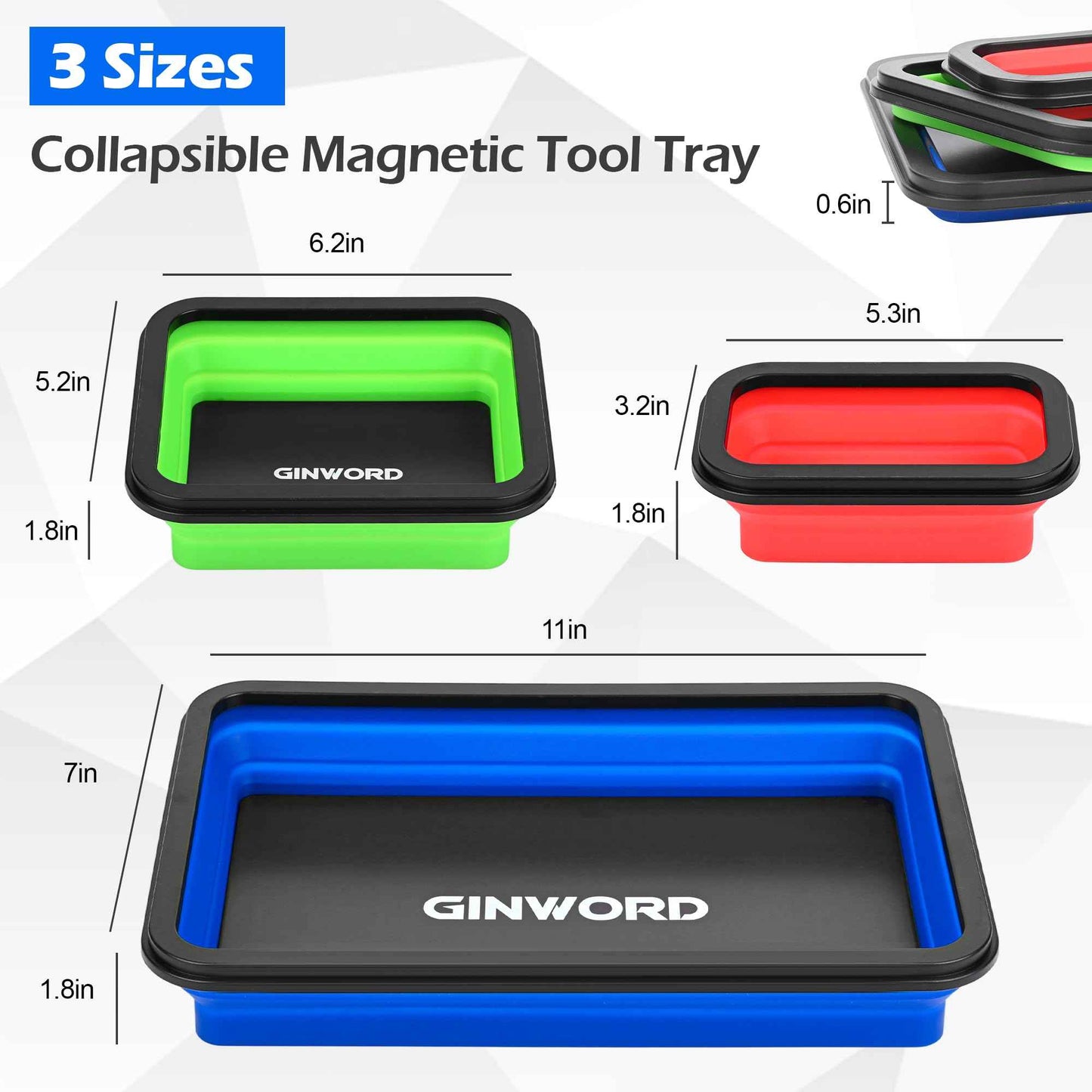 GINWORD 3Pcs Foldable Magnetic Partsn Trays Set with 3LBS Magnetic Pick-up Tool, 3 Size Silicone Magnetic Tool for Organizing Screws, Bolts, Nuts, Washers, Pins, and Other Small Metal Parts