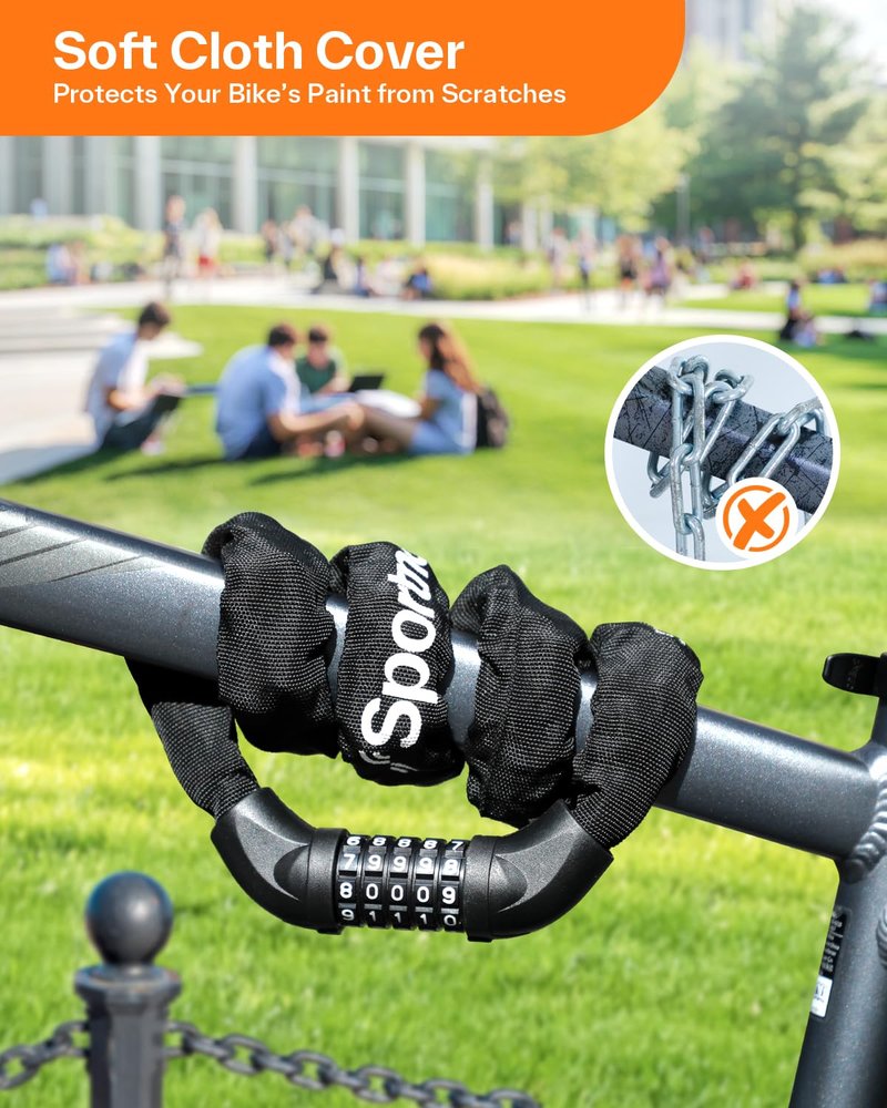 Sportneer Bike Lock: 5 Digit Combination High Security Anti Theft Bike Chain Lock - 3.2/3.6/4ft Heavy Duty Keyless Bicycle Lock for Bike Motorcycle Scooter Door & Gate - Easy to Use, Bike Accessories