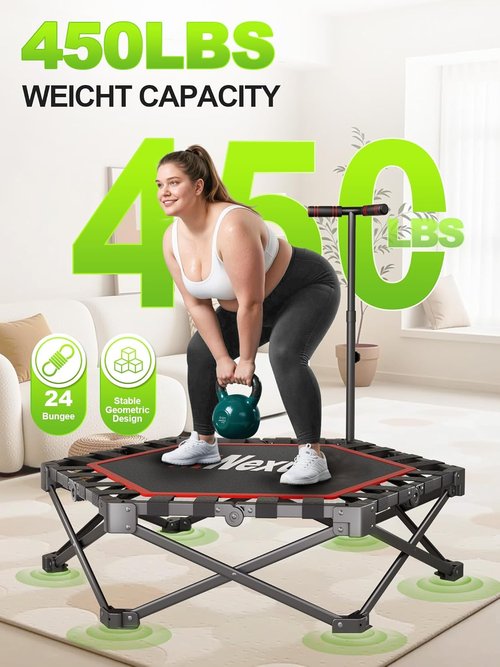 Foldable Mini Trampoline by [Brand Name] - 450lb Capacity Fitness Rebounder with Adjustable T-Bar | Non-Slip Pad for Home or Gym Workouts