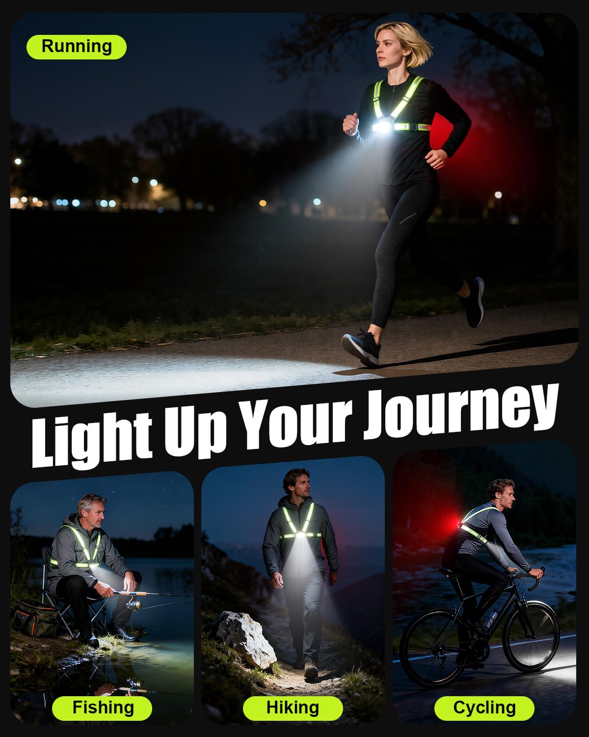 Dawinga Running Lights for Runners with Rear Light, 500 Lumens Running Light with 45° Adjustable Beam & IPX4 Waterproof, Rechargeable Reflective Vest Gear for Night Walking/Jogging, 4-20Hrs Runtime