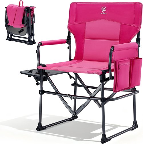 Ever Advanced Camping Directors' Chair - Heavy Duty Folding Chair with Side Table & Pocket | Compact Pink, 400lbs Capacity