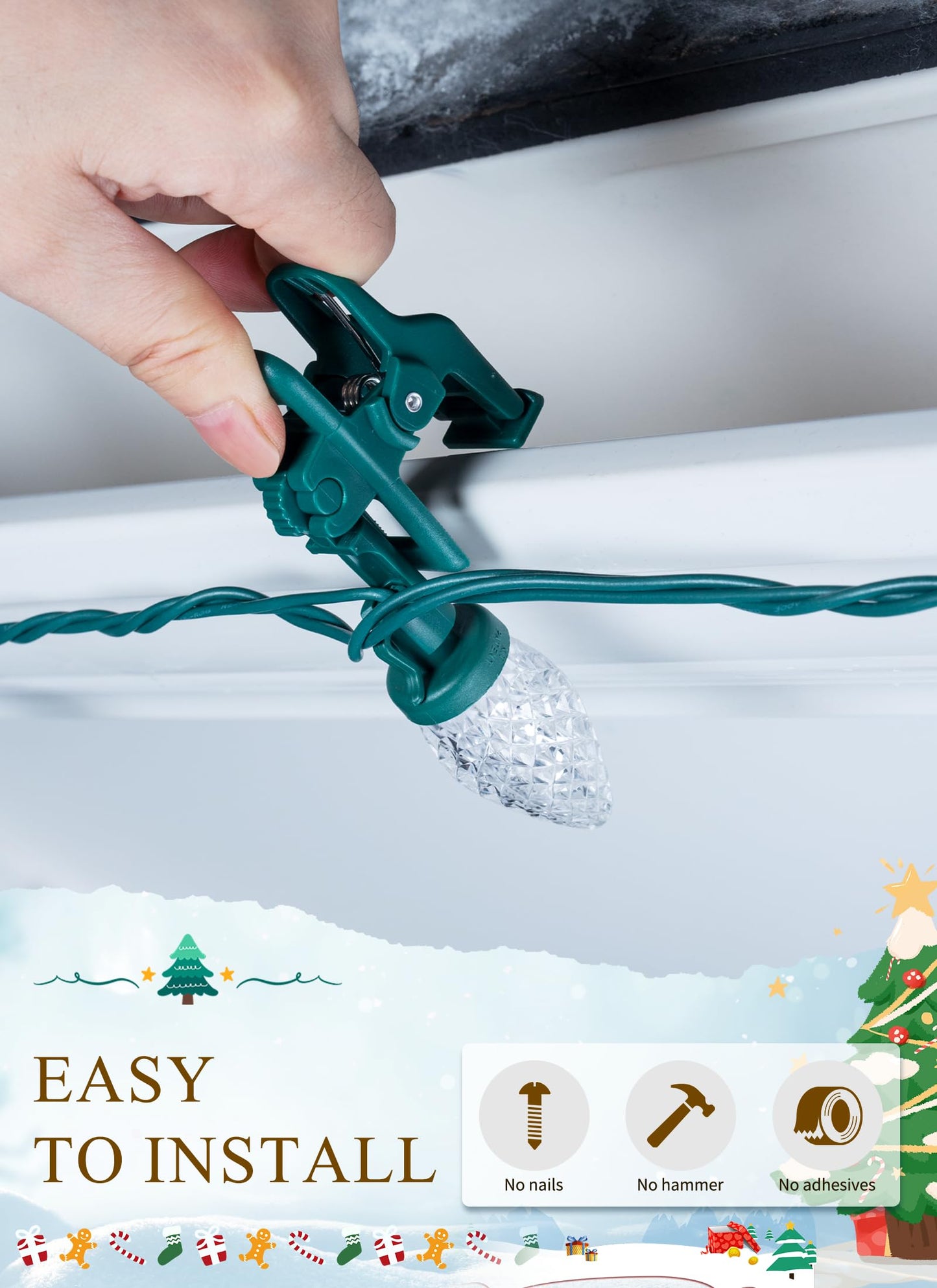 C9 LED Christmas Lights Outdoor, 68 Feet 100 LED Strawberry String Lights with 100 Spring Clamps, Commercial Grade Waterproof Extendable for Outside Roofline Patio Home Xmas Decoration, Pure White