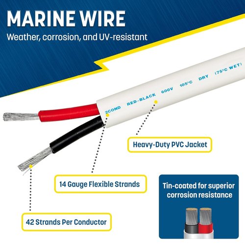 GS Power 14 Gauge Marine Wire - 100 Ft Oxygen-Free Tinned Copper Electrical Cable for Boats & RVs