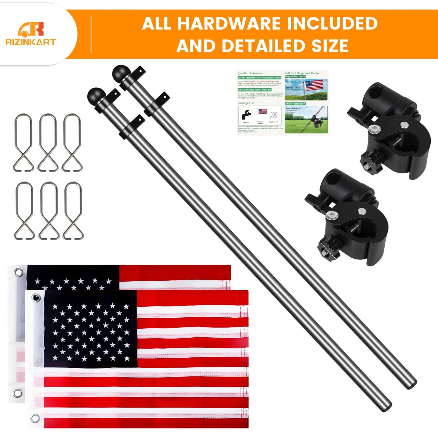 2Pcs Golf Cart Flag Pole Kit, 360° Adjustable Golf Cart Flag Holder, Universal Fit for Golf Cart/Boat/ATV/UTV, Stainless Steel Flag Pole with USA Flag (12"×18"), for 0.59"-1.25" Round/Square Rail