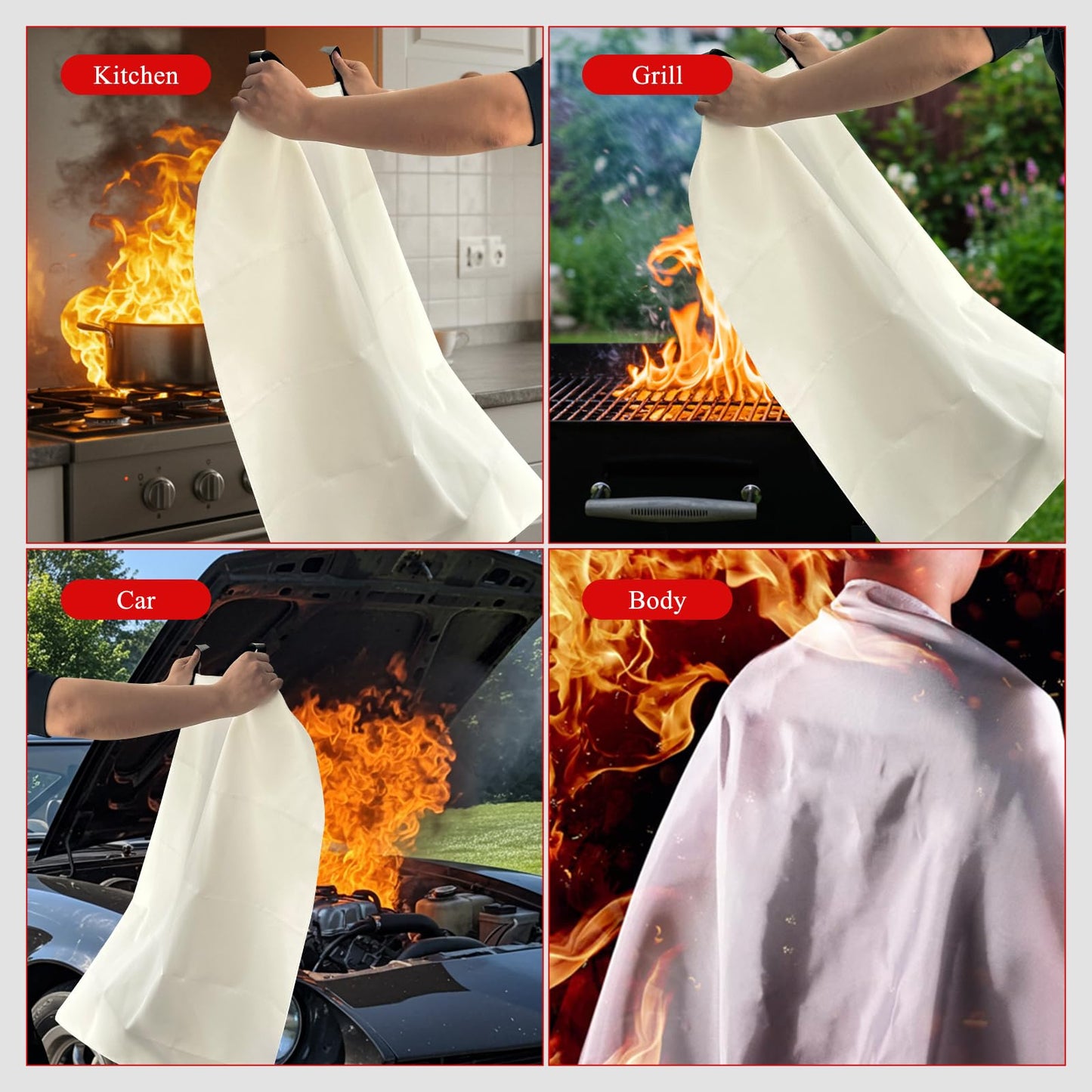 DOKIBI Emergency Fire Blanket, 4 Pack 40” x 40” Fiberglass Fire Suppression Fireproof Blanket with Double-Sided Silicone Coating for Home, Kitchen, Fireplace, Grill, Car, Office, Warehouse