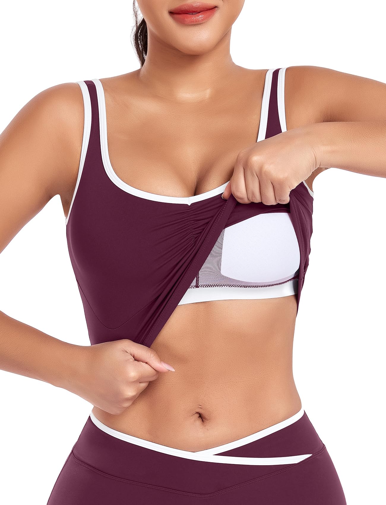 SEASUM Women's Tank Top with Built-in Bra, Longline Backless Scoop Neck Sports Crop Top, Contrast Binding,Removable Pads for Workout Gym Purple S