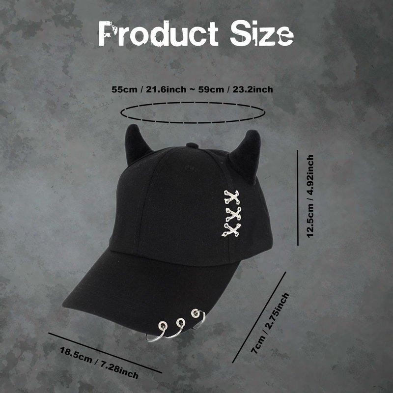 Trendy Adjustable Trucker Hat with Devil Horns, Metal Ring Casual Baseball Cap Women Men, Breathable Cotton K-pop Cap (Black, ONE Size)