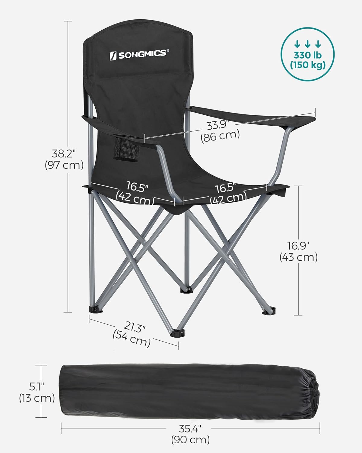 SONGMICS Folding Camping Chairs - Heavy Duty & Comfortable - Max Load 330 lb - Black, Set of 2