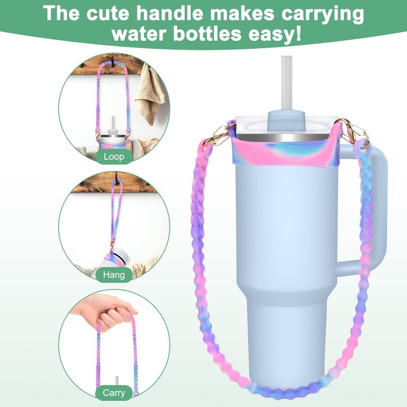 M METERXITY 2-PackWater Bottle Handle, 15.7 Inch Silicone Portable Water Bottle Sling Carrier, Holder with Straps for Stanley Cup/Most 8-40oz Cups Accessories [Pink Blue/Yellow Pink]