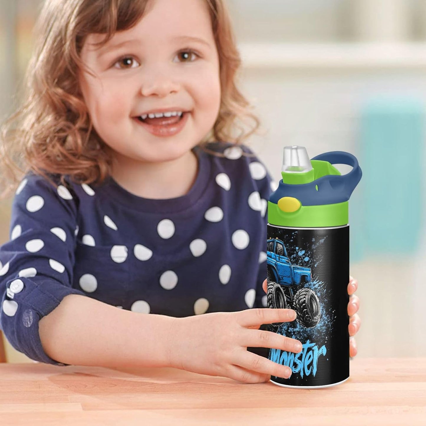 Monster Truck Water Bottle - Vacuum Insulated Stainless Steel with Straw & Handle | 12 oz Green Lid for Kids 4-8 Years Old