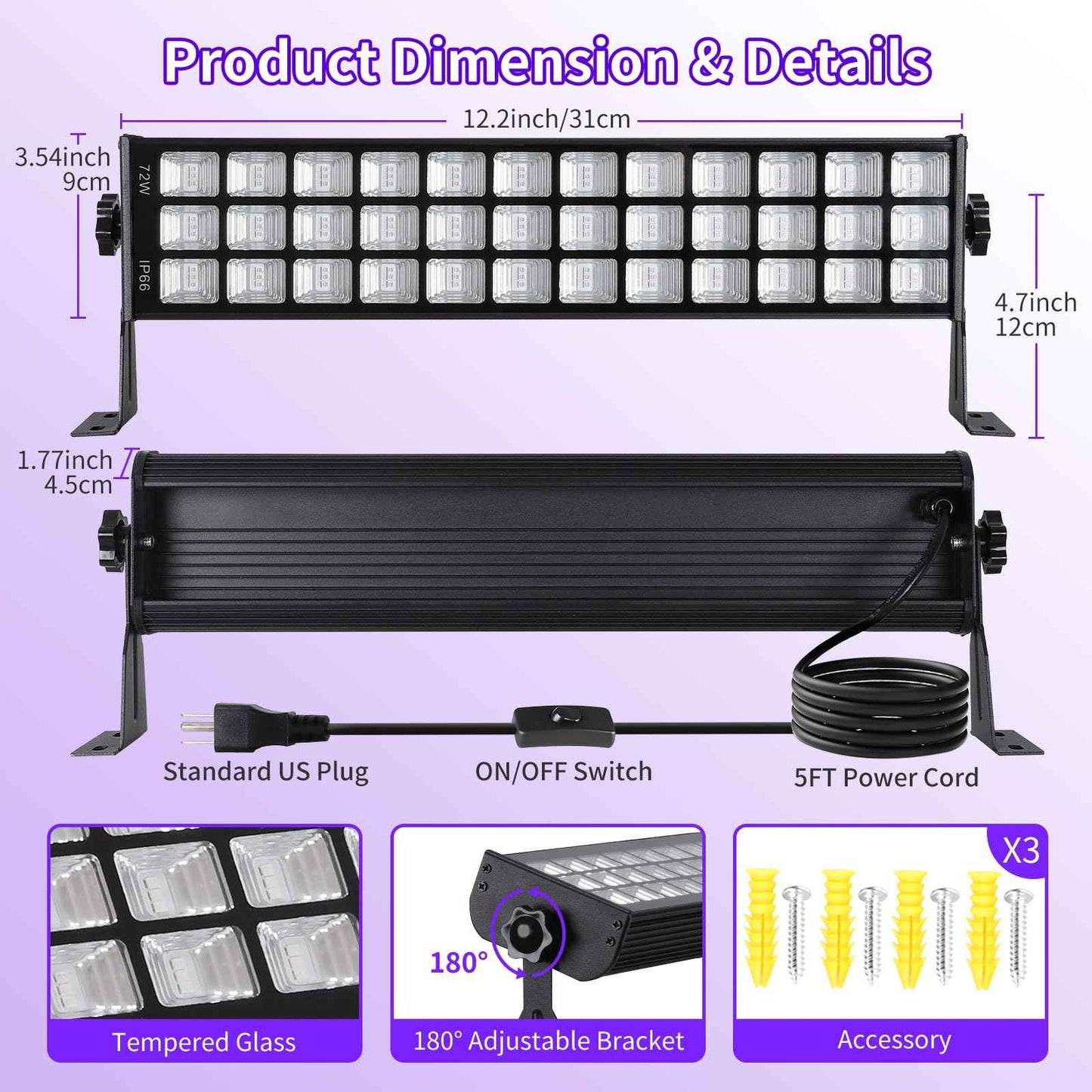 72W Black Light Bar IP66 Waterproof, LED Blacklight with Plug+Switch+5ft Cord, Outdoor Black lights with 108 LEDs, for Neon Glow in the Dark Party Halloween Decor Body Paint Fluorescent Poster, 3 Pack