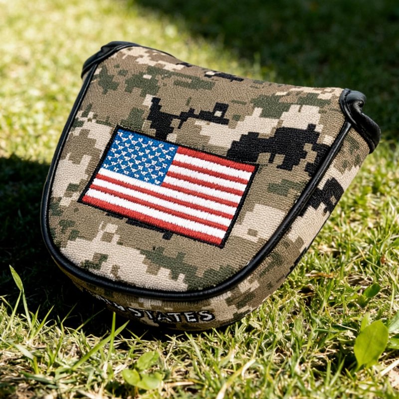 GOOACTION Camo Golf Mallet Putter Head Cover - Magnetic Closure Camouflage Green & USA Flag Design Waterproof PU Leather Protector for Mallet Clubs
