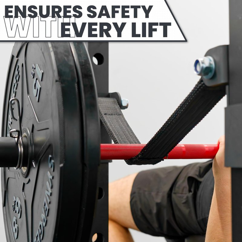 Synergee Safety Straps for 3x3 Power Racks – 29" Max Inside Depth – 750 lb Capacity Barbell Catch Straps with Quick-Mount Brackets & 5/8"–1" Hole Converters