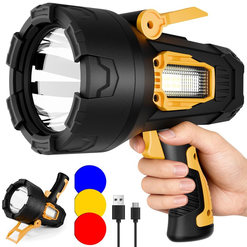 polisak Rechargeable Spotlight Flashlight, 99,000 Lumens Super Bright LED Spotlight with COB Light & Foldable Tripod, 10000ɱAh 30H Long Lasting Large Handheld Spot Light for Huŋting Boating Camping
