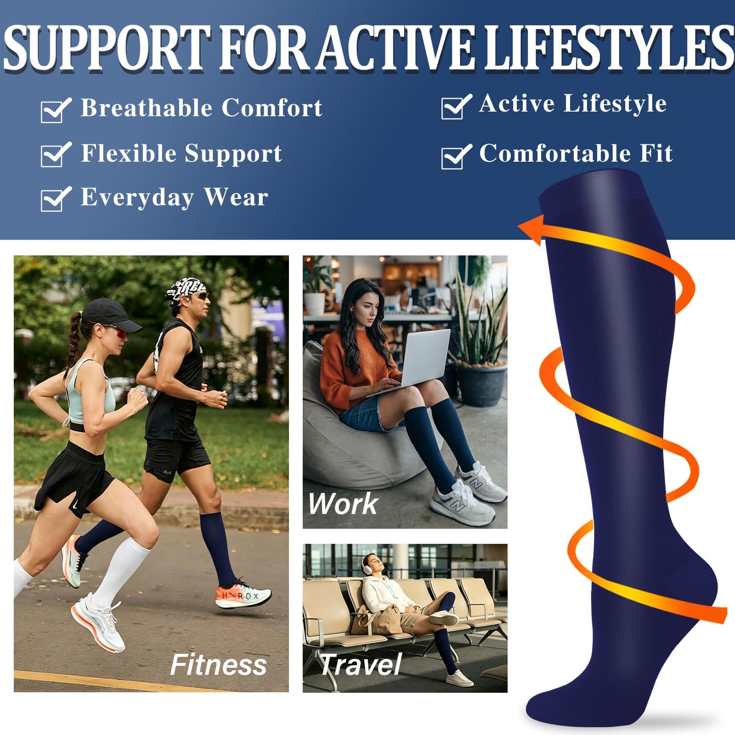 Sooverki Compression Socks for Women and Men Circulation (4 Pairs) is Best Support for Running Athletic Hiking Workout Flight Runner Gifts Navy Blue Plain Knee High Stocking
