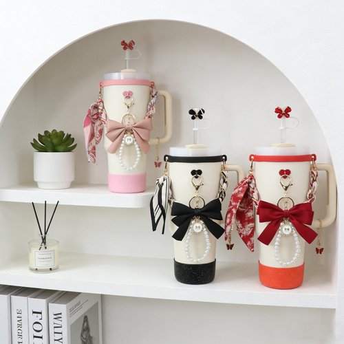 Stanley Cup Accessories Set for 40oz & 30oz Tumbler including Water Bottle Handle Strap、Bow Keychain、Cup Ring、Bling Silicone Boots、Butterfly Straw Topper、Charm Chain Accessories for Stanley Cup(Black)