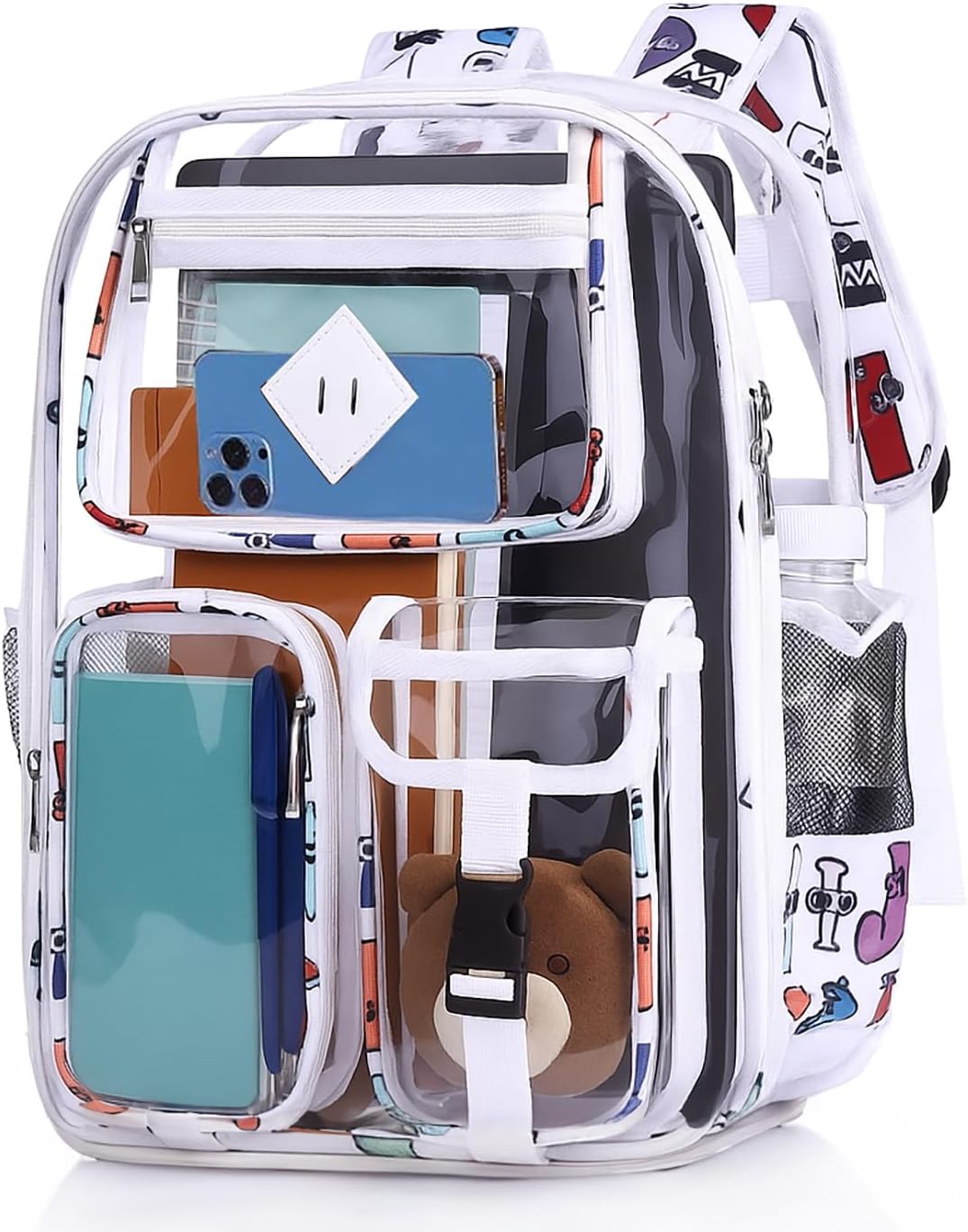 Skiennix Clear Backpack - Heavy Duty PVC for Stadium, Travel & Work | Dual Zippered Compartments & Mesh Side Pockets (White)