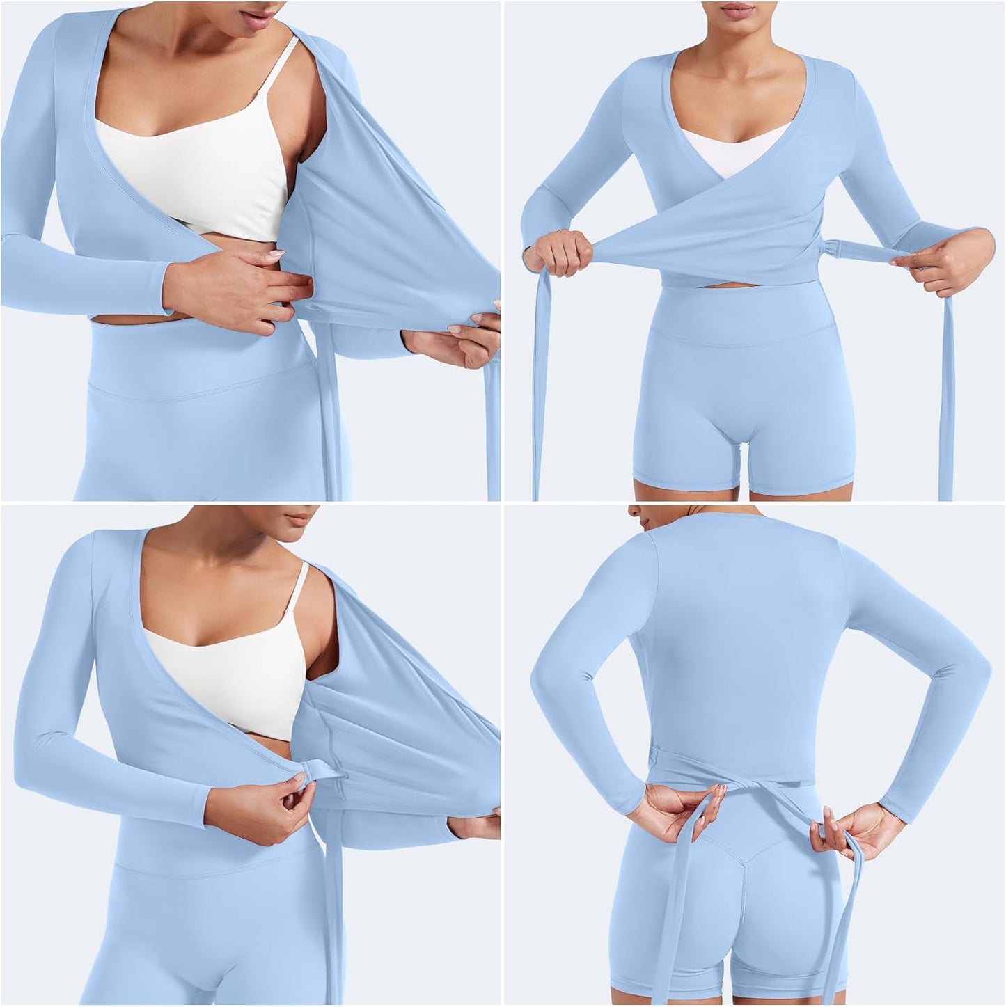 YEOREO Women's Pilates Wrap Top - Long Sleeve Tie Ballet Yoga Shirt | Michelie Y2K V-Neck Cropped Design