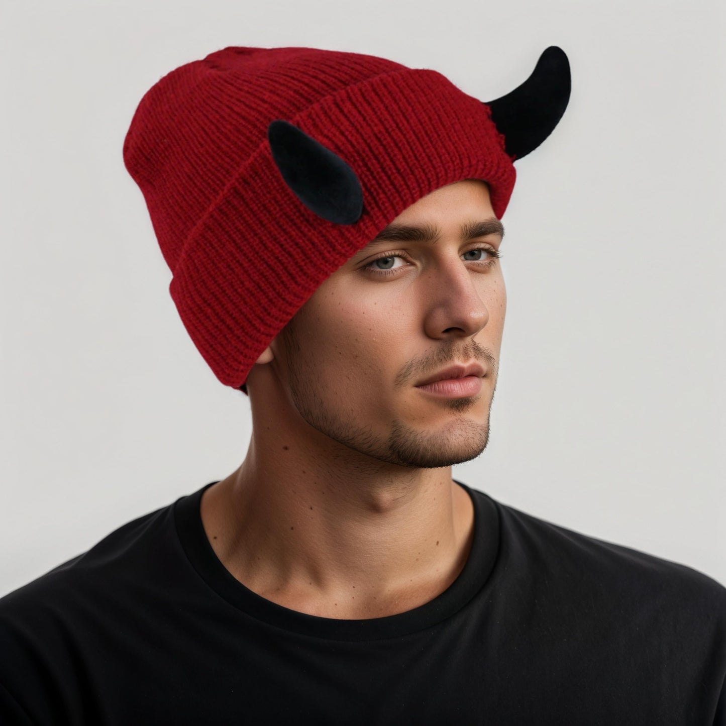 Womens Halloween Devil Horn Hat Skull Hat Warm Knitted Winter Beanie Cuffed Funny Alt Emo Scene Cap Y2k Accessories (US, Alpha, One Size, Black-Red)