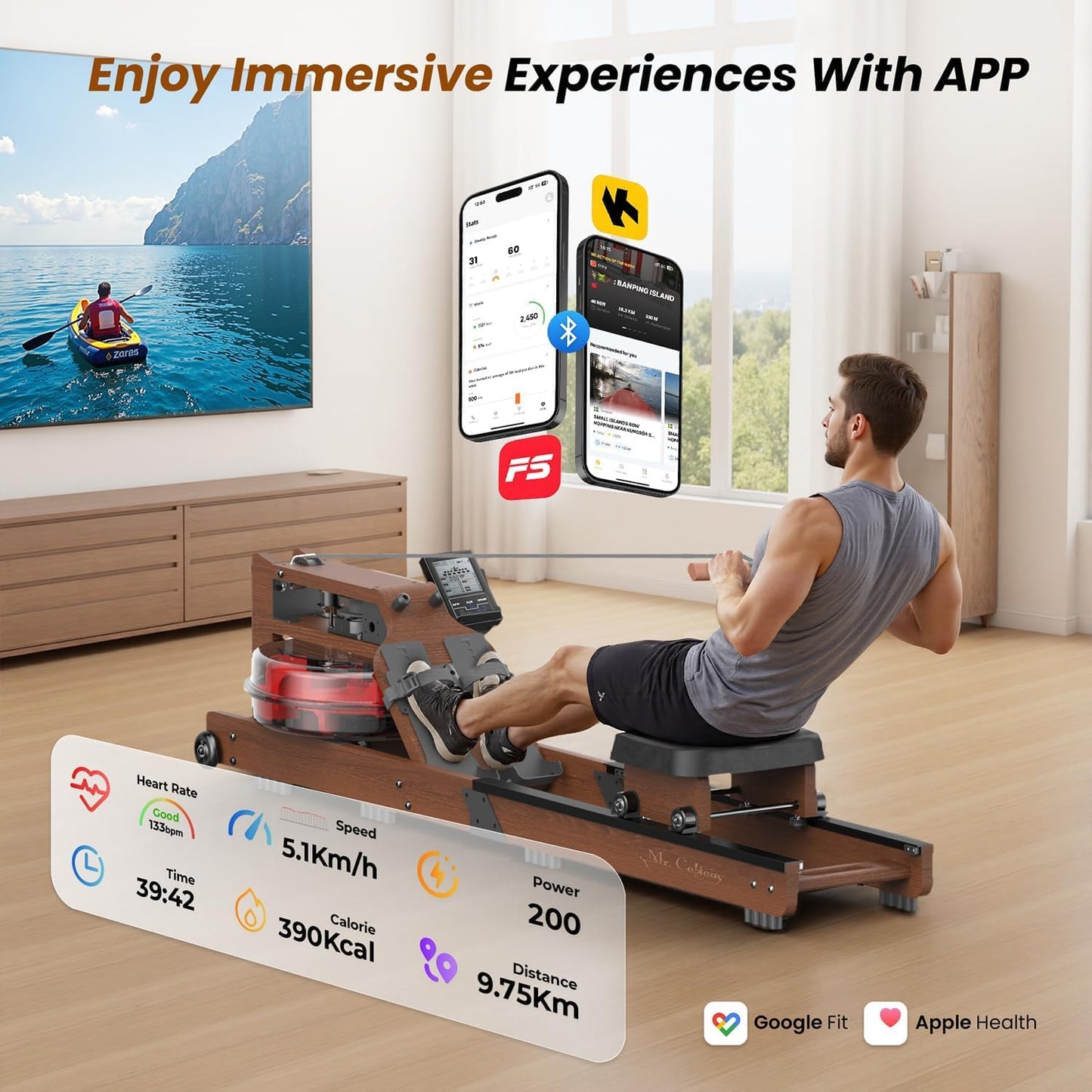 Skiennix Water Rowing Machine - 400LBS Capacity, Bluetooth Monitor & Comfortable Seat for Home Use