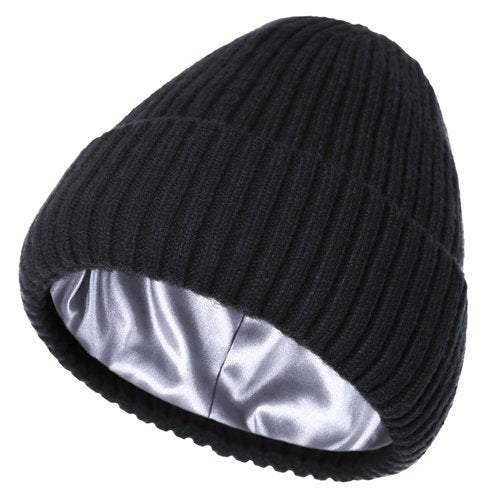 Satin Lined Beanie for Women Men, Silk Lined Beanies, Wool Warm Knit Cuffed Winter Hat Womens Skull Cap