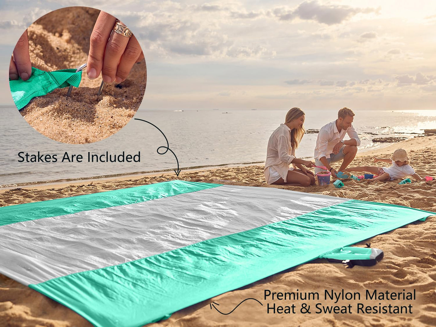 WEKAPO Beach Blanket Sandproof Waterproof, Extra Large Beach Mat, Oversized & Compact Sand Free, Quick Drying Beach Essentials for Vacation, Cruise, Picnic & Camping with Stakes (Turquoise, 9x7 FT)