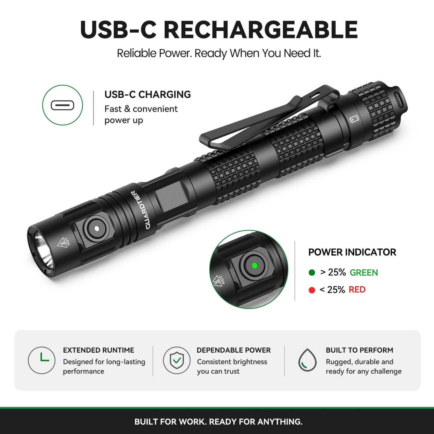 Guardtier ML70 Rechargeable Flashlight for Outdoor Working Camping/Emergencies/Outdoor Activities, Aluminum LED Tactical Penlight, USB-C, Tail Switch, 1500 Lumens, 5 Modes - Black, 6.1 in