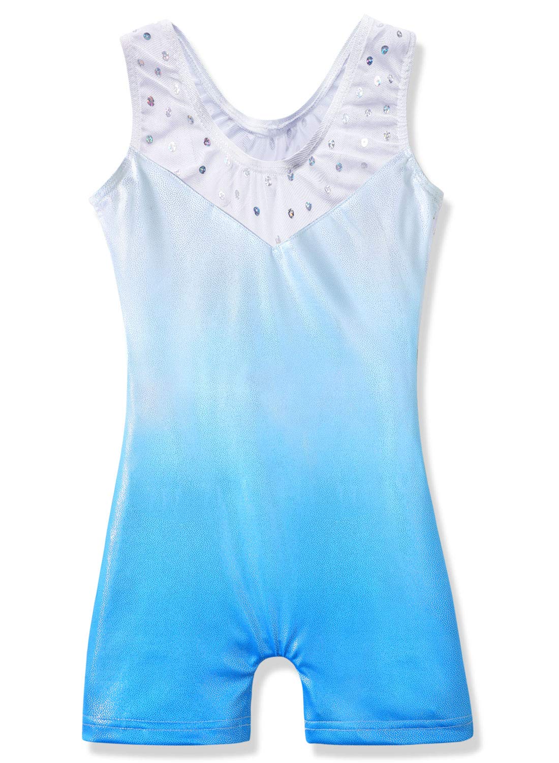HOZIY Gymnastics Leotards With Shorts for Girls 7-8 7/8 Ombre White Blue Embroidery Snowflakes Diamond Rhinestone Biketard