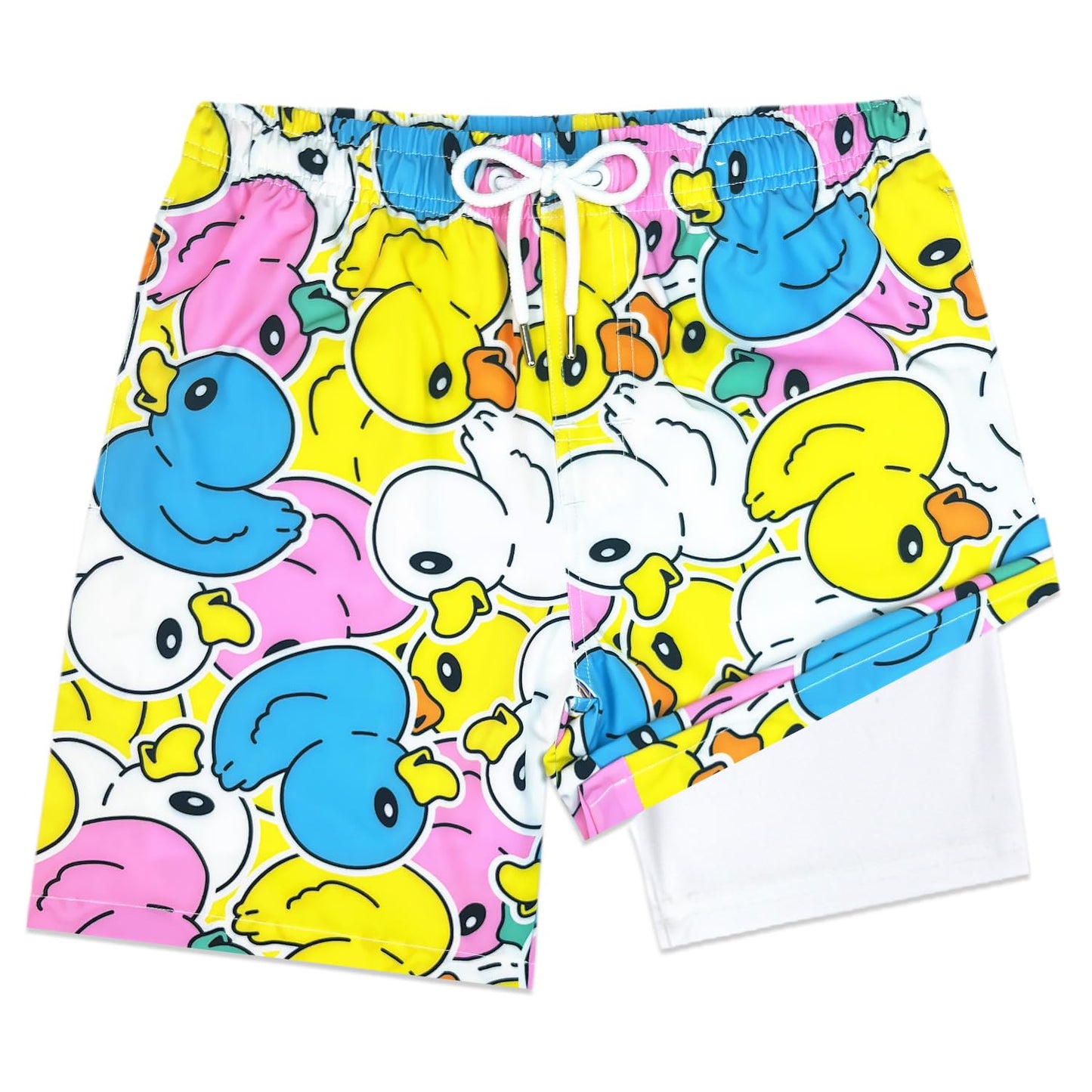 LUCOWEE Boys Swim Trunks Compression Liner Anti Chafe Swimming Shorts Bathing Lakewear Sandless Stretchy Adjustable Drawstring Quick Dry UPF 50+ Shorts Brilliant Ducks Size 14 16