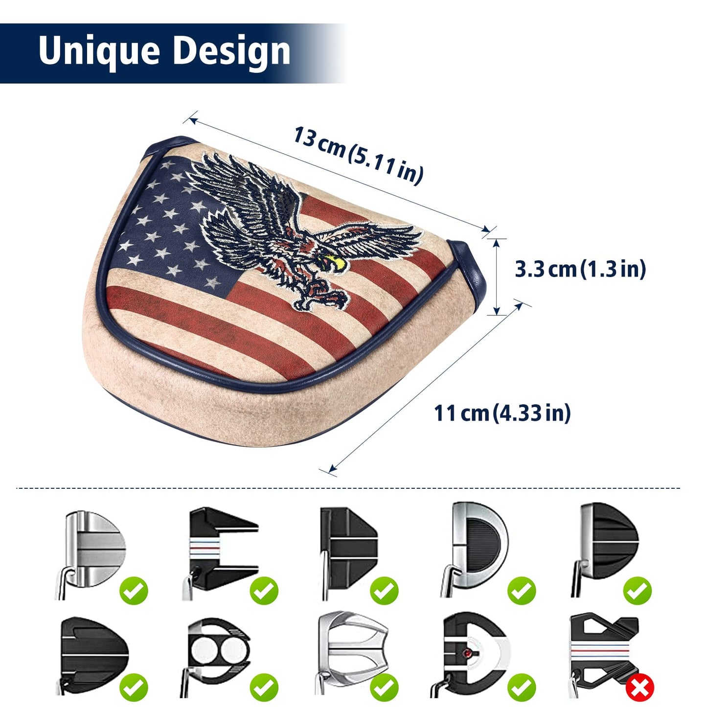 GIGAPOWER Golf Mallet Putter Cover, Elegant Embroidery Premium Leather Golf Club Head Cover Putter Headcover with Magnetic Closure Fits Most Putters