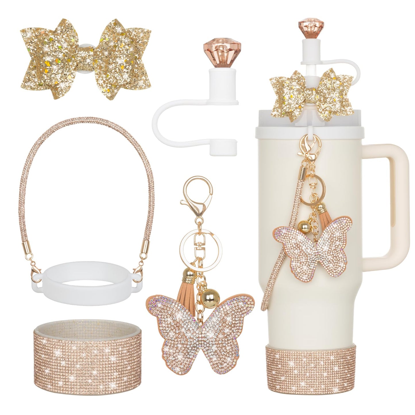 Rabrgab 6Pcs Gold Stanley Cup Accessories with Bling Handle Strap, Diamond Straw Topper Straw Cover Cap, Bling Bow, Diamond Boot, Bling Butterfly Charms for Water Bottle Tumbler 20oz 30oz 40oz