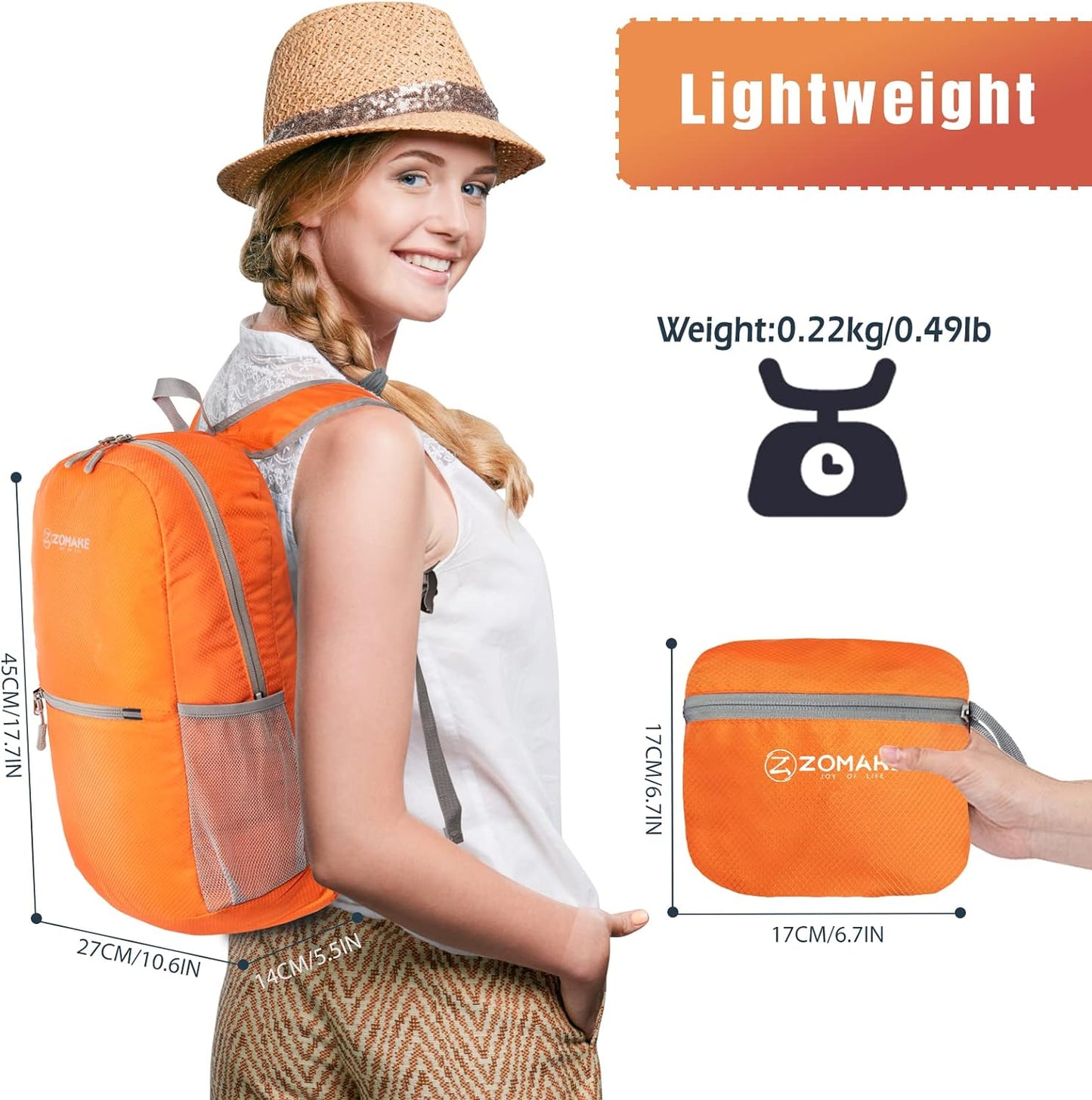 ZOMAKE Ultra Lightweight 20L Hiking Backpack - Packable Water-Resistant Daypack for Men & Women | Orange