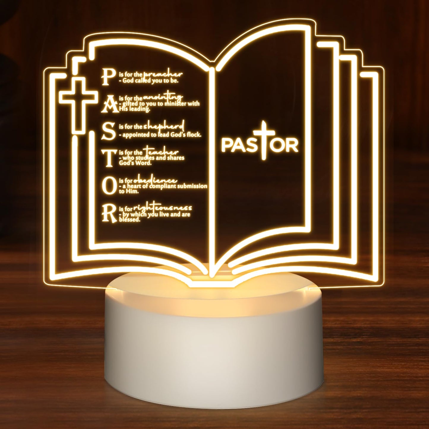 Kosiz 1 Pcs Pastor Appreciation Gift Engraved Thank Clergy Sayings Acrylic LED Night Light with Base Christian Inspirational Decor Clergy Appreciation Day Men Women Church Retirement (Stylish Pastor)