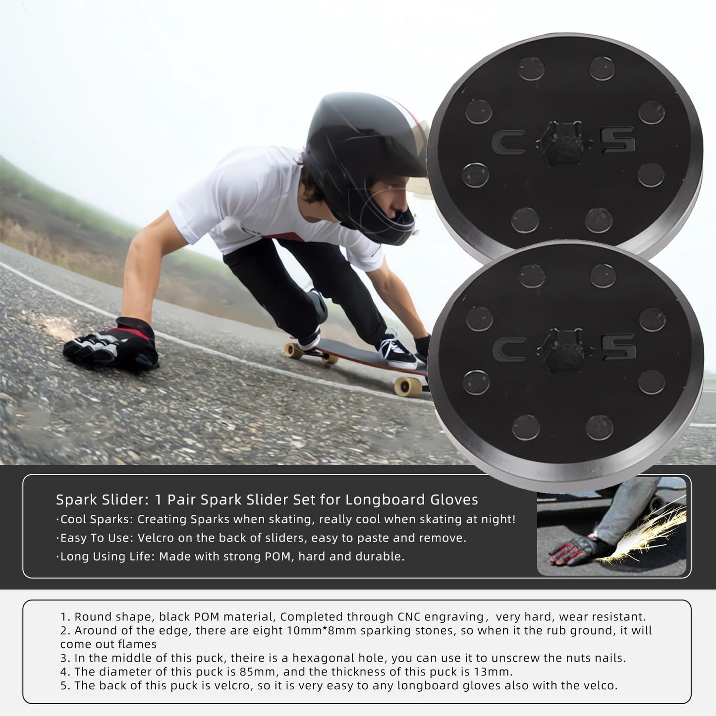 JYAN 8 Spark Stones Ultra Wear Resistant Style A Slide Pucks for Downhill Longboard Slide Gloves, Flat Magnet Design, 3M Adhesive Replacement, High Durability (1 Pair)