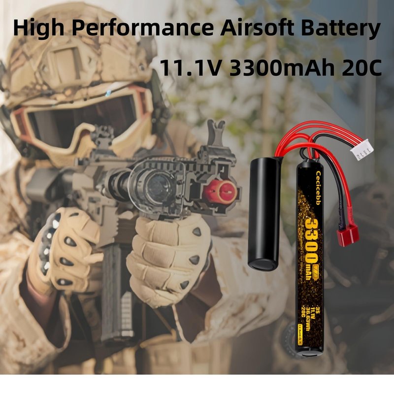 Cecicebb 3300mAh Airsoft Battery 11.1V Nunchuck Battery with T Plug Fit for AEG AK47 M4 MP5 Airsoft Model Guns Rifles 1 Pack 3S Rechargeable Stick Shape Butterfly with 11.1V USB Charger Cable
