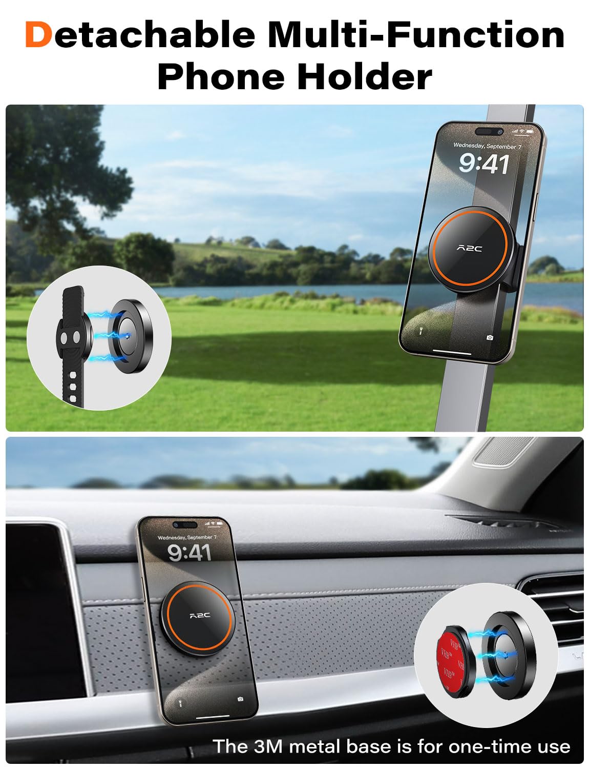 A2C 2 in 1 Magnetic Phone Holder for Golf Cart & Golf Push Cart, Hands-Free Magnet Phone Mount with Adjustable Strap, Compatible with Clicgear, Bag Boy, Sun Mountain, for Magsafe iPhone 12-16 Series