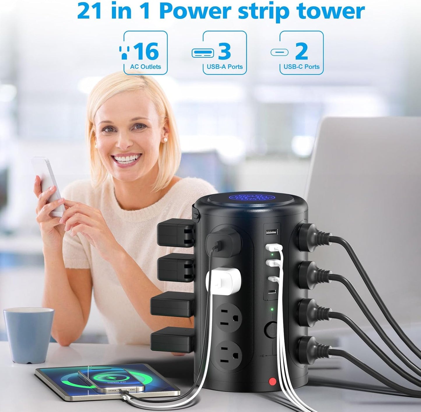 15W Wireless Charging Surge Protector Power Strip with 16 AC Outlets & 5 USB Ports - Desk Charging Station for Home, Office & Dorm Room (10FT)