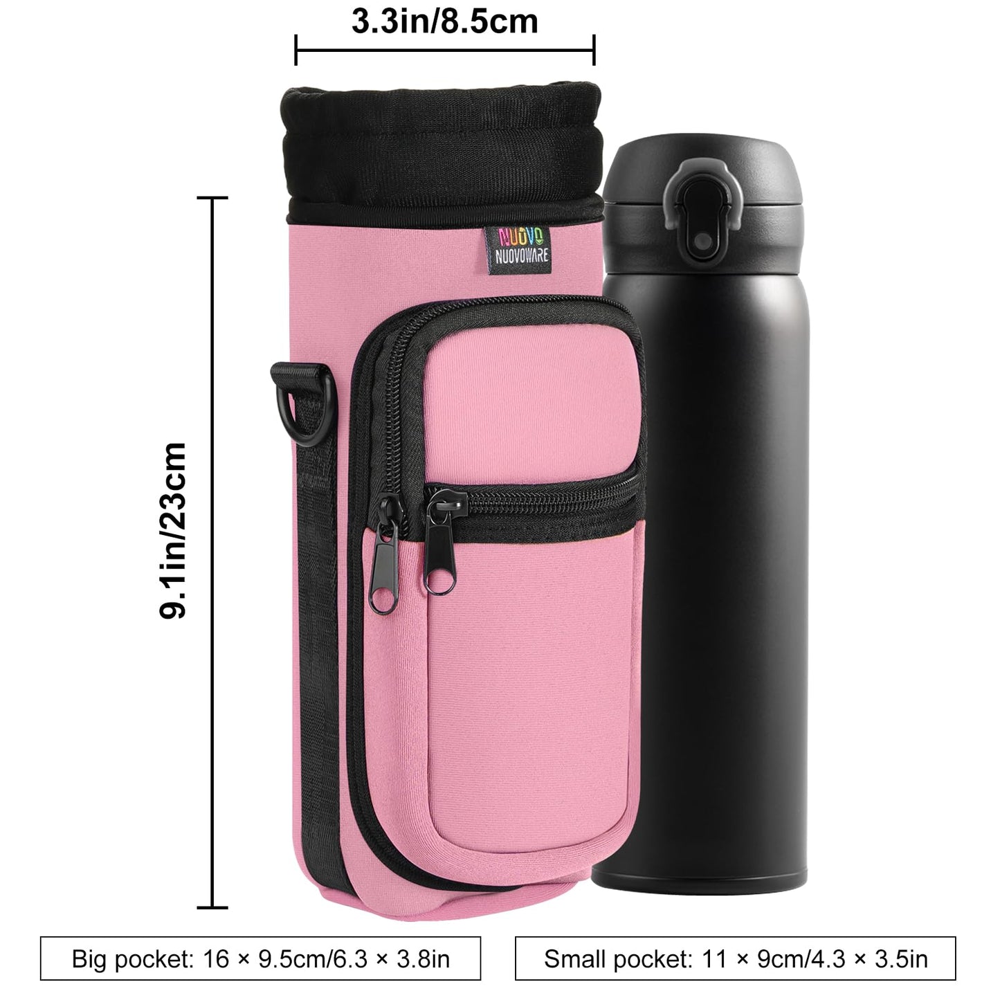 Nuovoware Water Bottle Carrier Bag, 25oz/32oz Bottle Pouch Holder, Adjustable Shoulder Hand Strap 2 Pocket Sling Neoprene Sleeve Sports Accessories for Men/Women Hiking Travelling, Pink