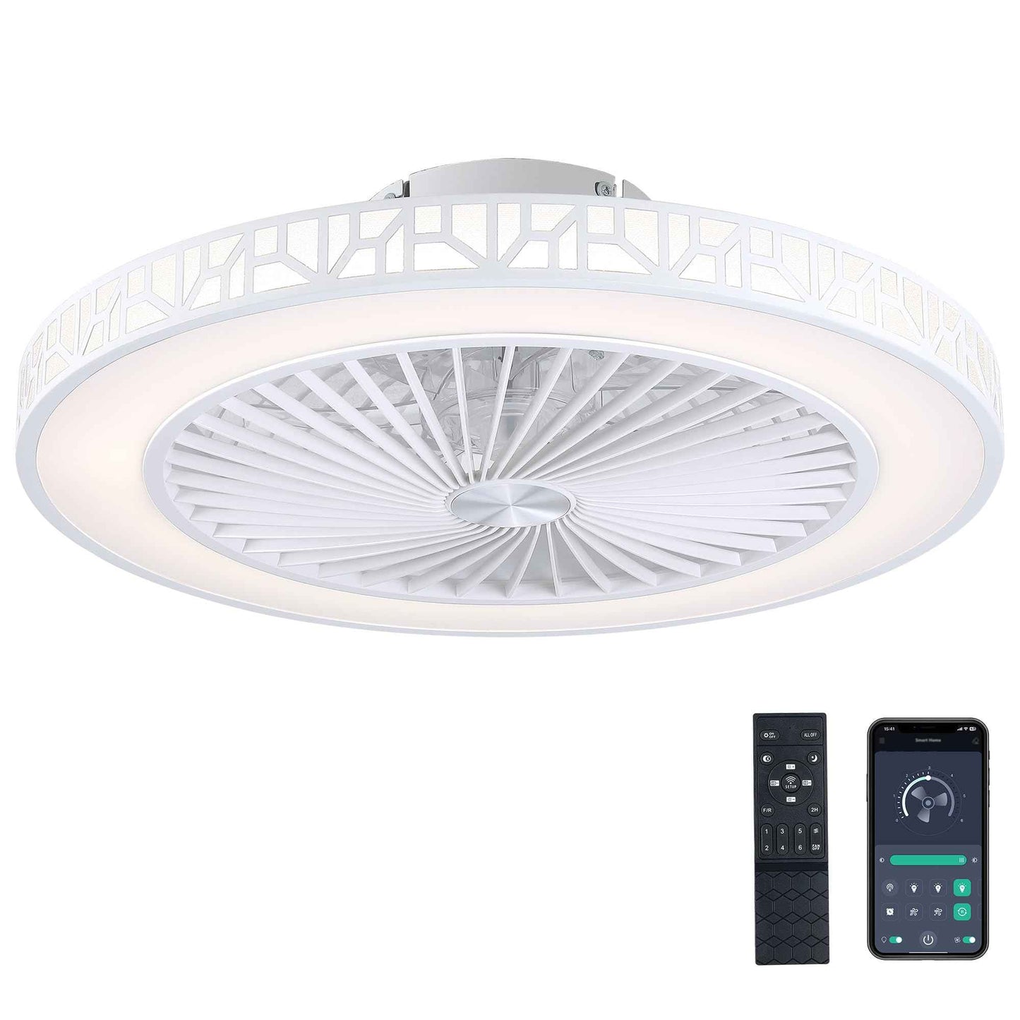 YKLITG Bladeless Ceiling Fan with Lights and Remote, 19 Inch LED Low Profile Fandelier Ceiling Fans with Metal Frame, White Flush Mount Light Fixtures for Kids Bedroom, Kitchen, Living Room